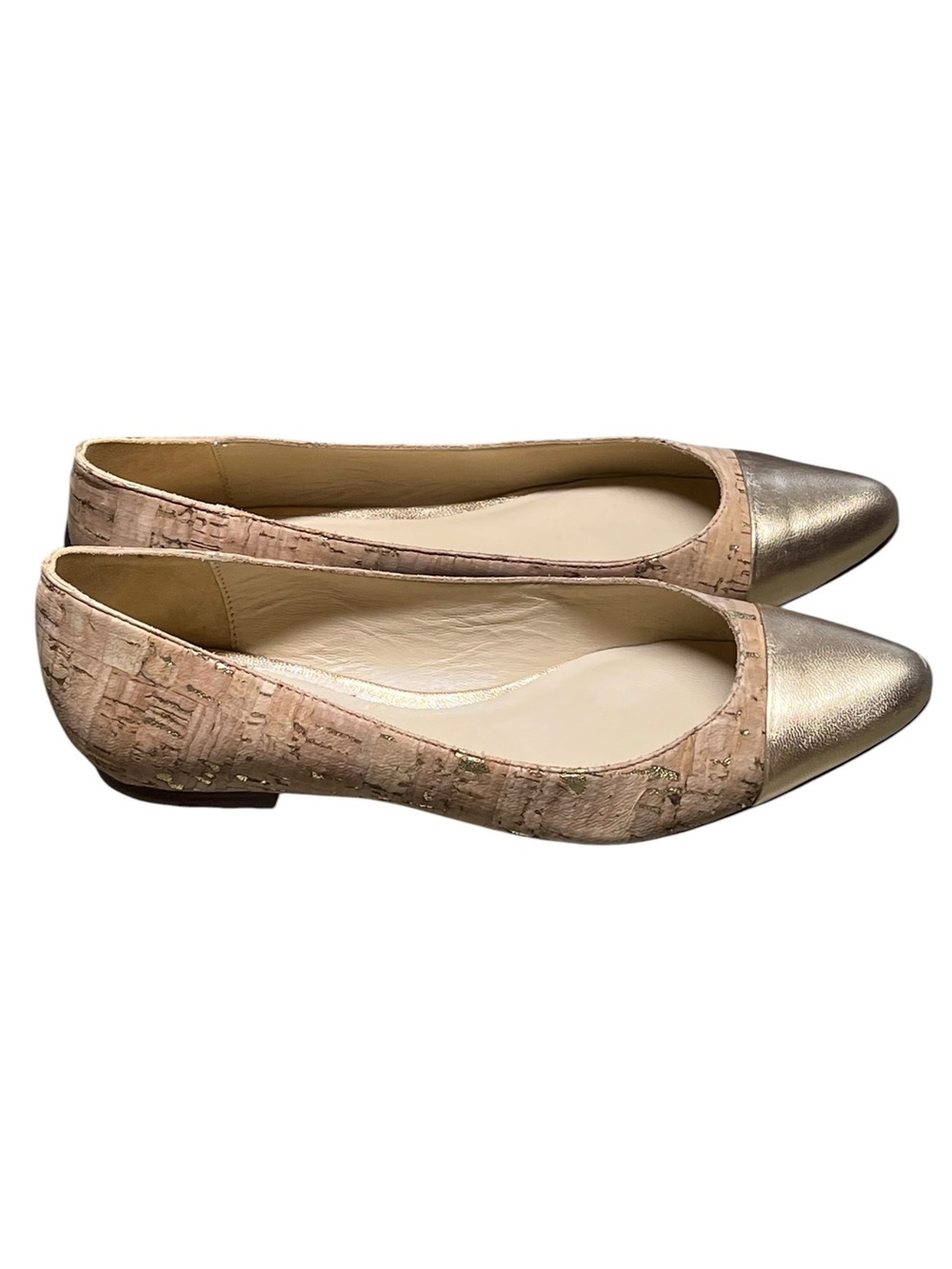 Kate Spade NWOT Elina cork & gold metallic leather pointed cap toe ballet flats